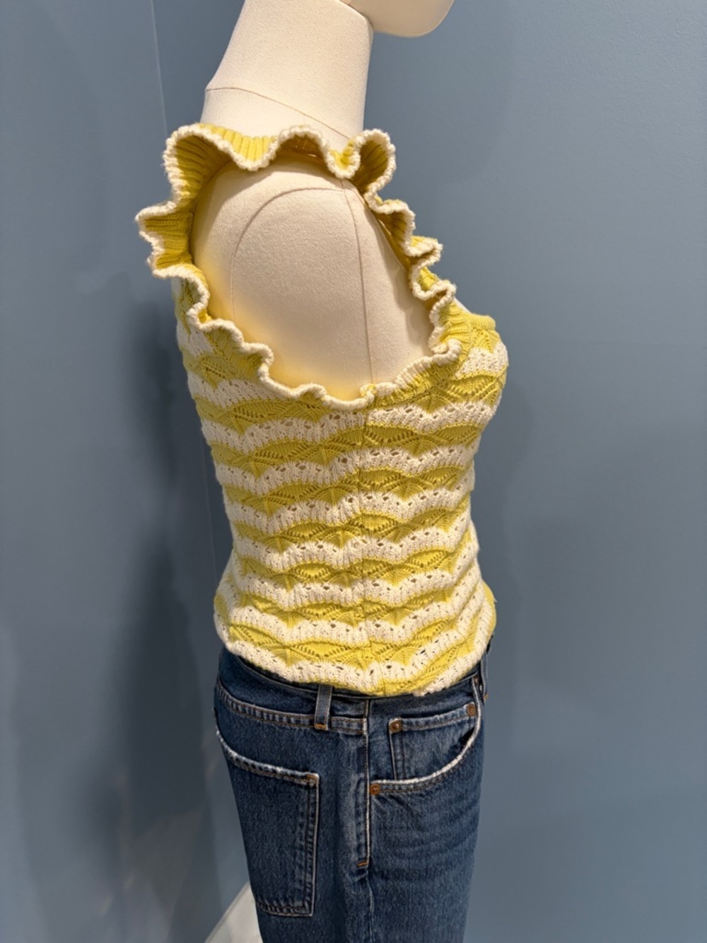 Heartloom Yellow White Knit Tank Top Size M Ruffle Strap Cottagecore Sweater - Picture 4 of 7